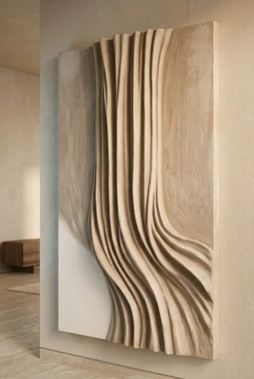 Earthen Veil warm beige sculptural wall panel by VIORA